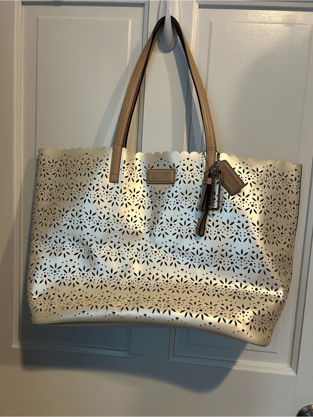 Coach Laser-Cut Tote Bag with Tan Handles